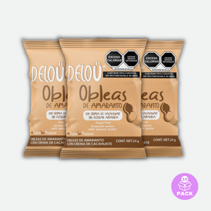 Obleas Deloü  Rellenas de  proteína vegana y crema de cacahuate| 10 pack con 3 sándwiches c/u 22 g